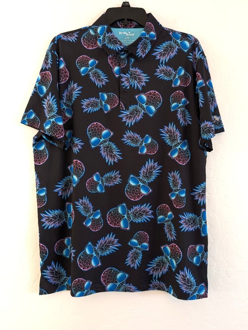 BIRDIE BOUND Polo Shirt Men's L Black Pineapple Graphic Golf Novelty Print